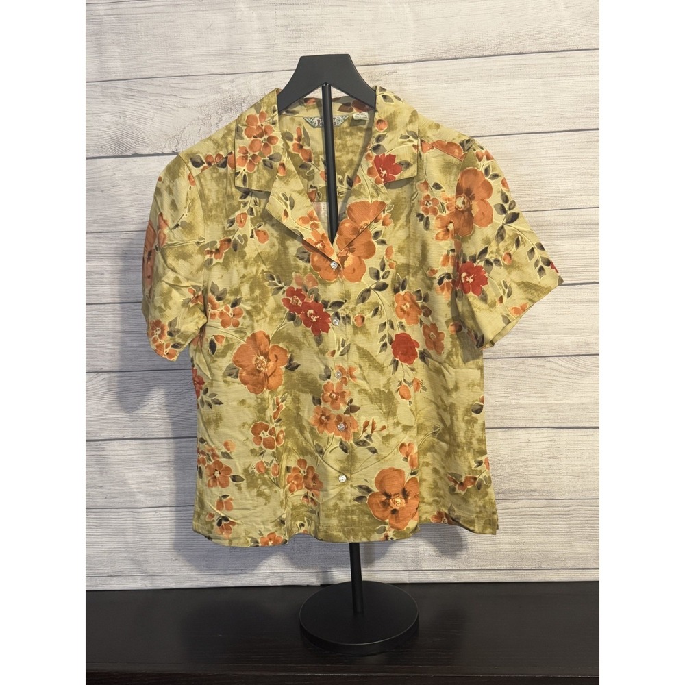 Tommy Bahama Women M Silk Tropical Floral Button Up Shirt Orange Green